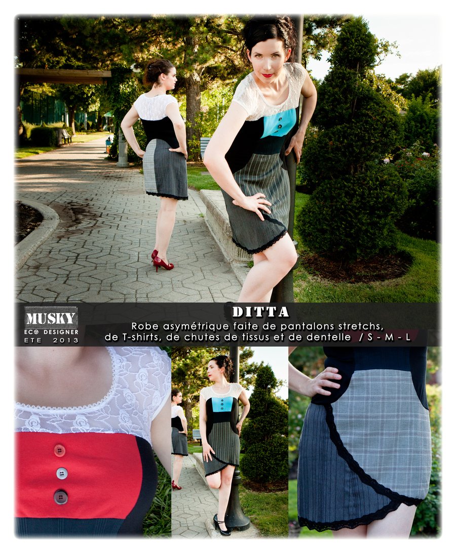 Musky Éco-Designer, collection été 2013.DITTA - Robe asymétrique faite de pantalons stretchs, de T-shirts, de chutes de tissus et de dentelle / S - M – L