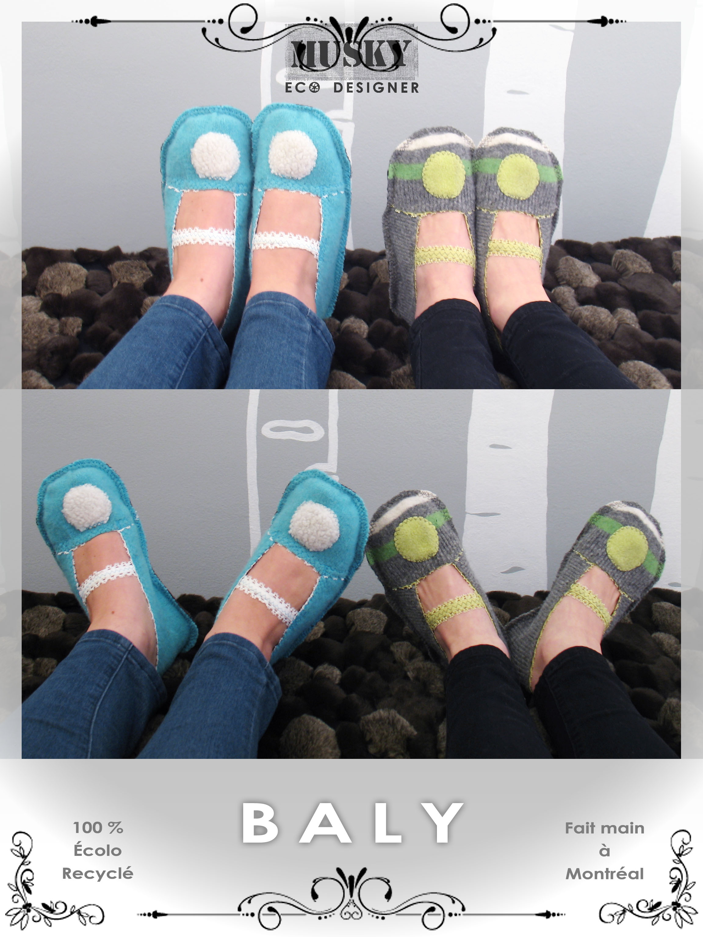 Musky Éco-Designer, collection hiver 2015. BALY – Ballerines faites de laine bouillie, d'une semelle de cuir et de polar recyclés / 6/7 – 8/9 – 10/11