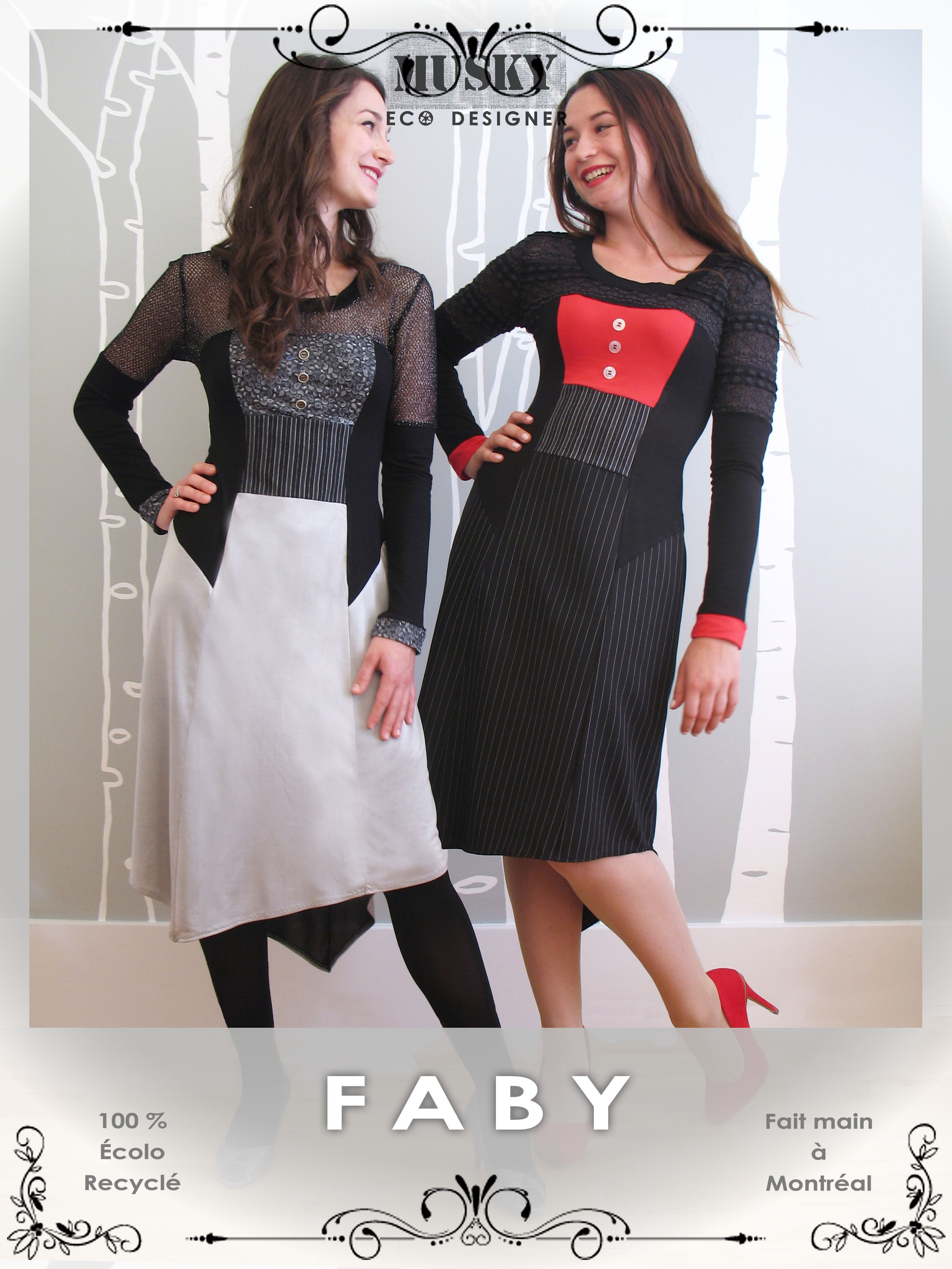 Musky Éco-Designer, collection hiver 2015. FABY  – Robe faite de pantalons, T-shirts, dentelles et chutes de tissus recyclés / S – M – L