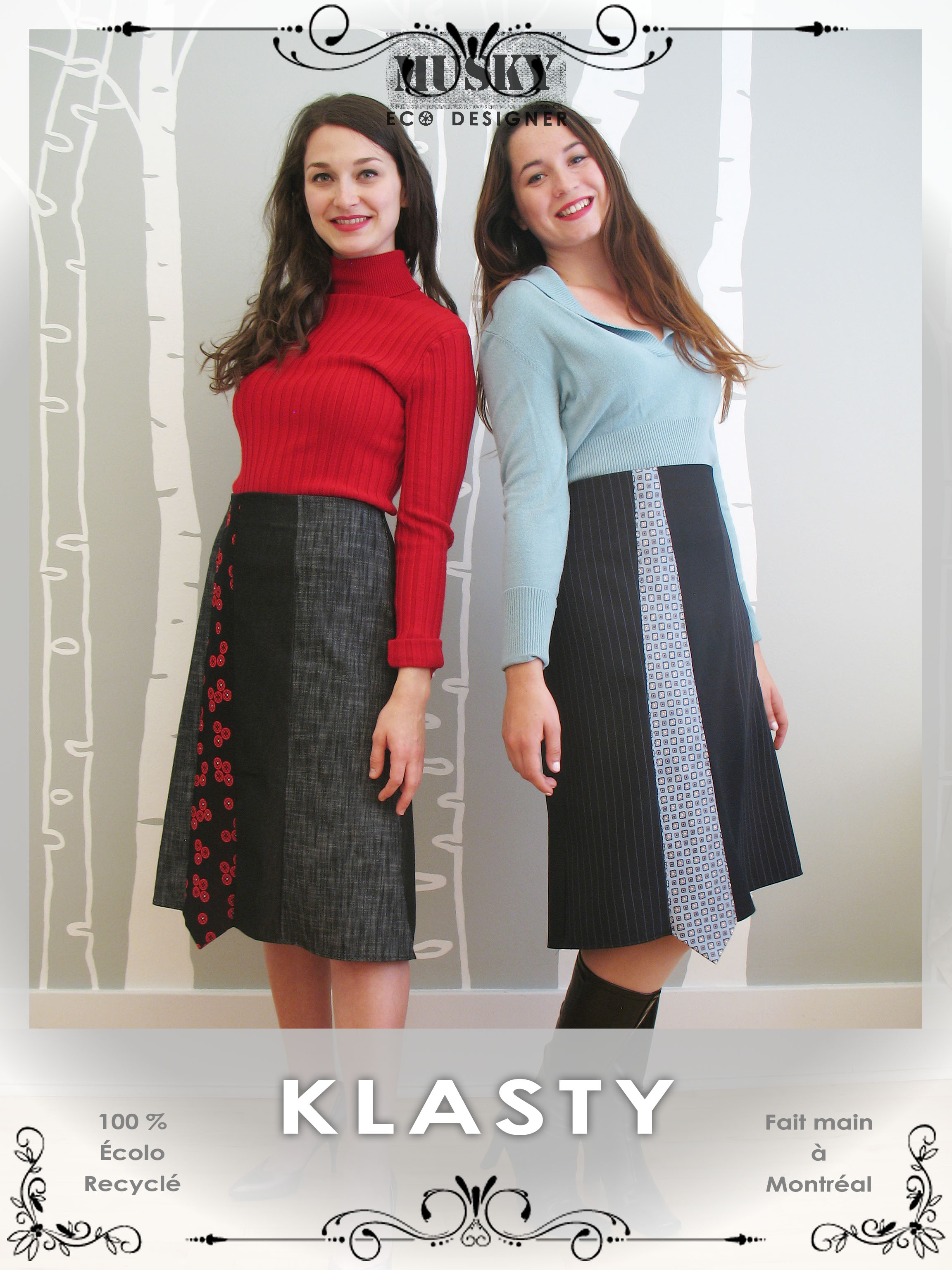 Musky Éco-Designer, collection hiver 2015. KLASTY – Jupe fait de pantalons stretchs, d'une cravate, de chutes de tissus et d'un jupon recyclés / S – M – L – XL
