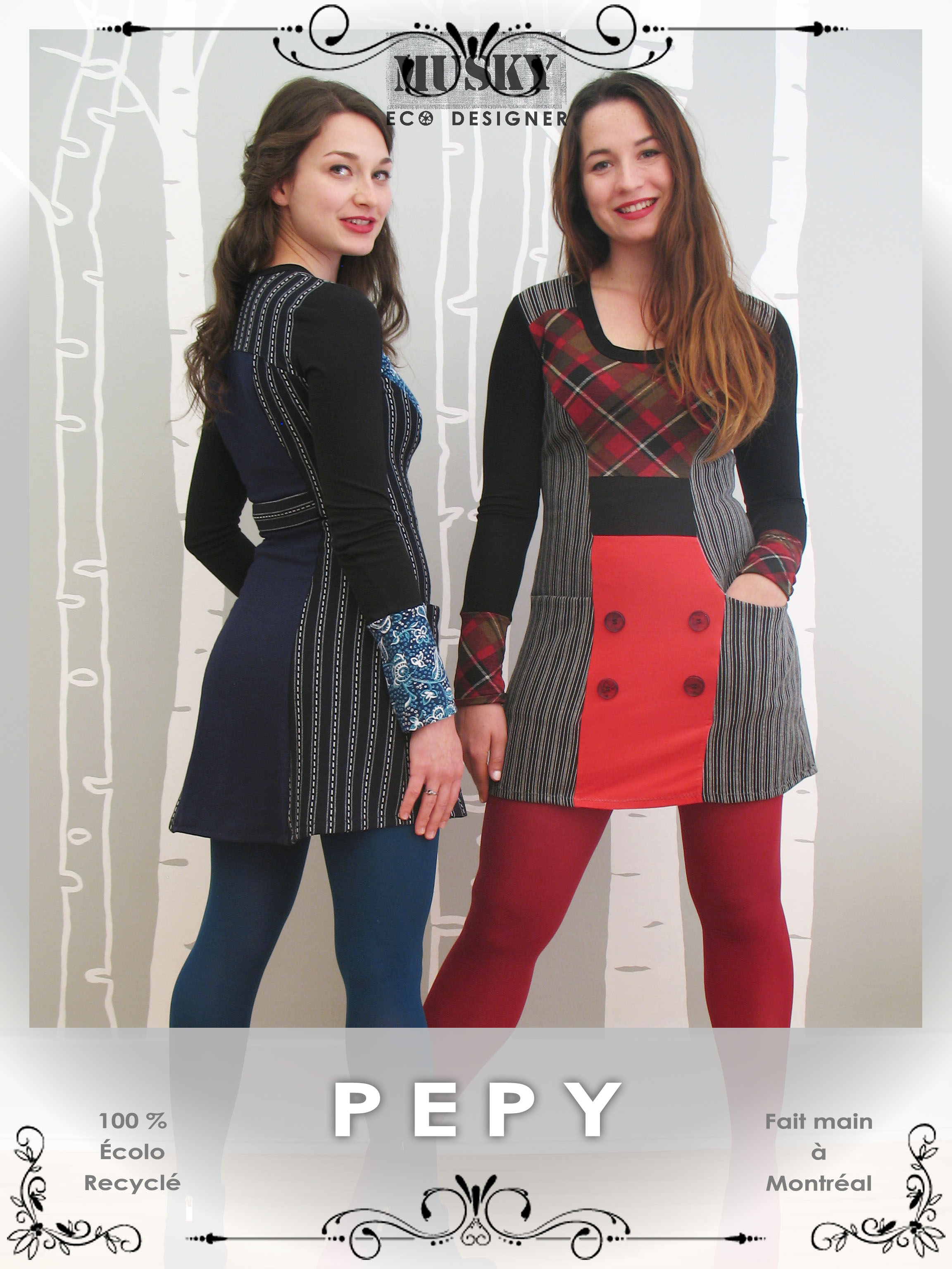 Musky Éco-Designer, collection hiver 2015. PEPY – Tunique faite de T-shirts, chutes de tissu et bouton recyclés / S – M – L