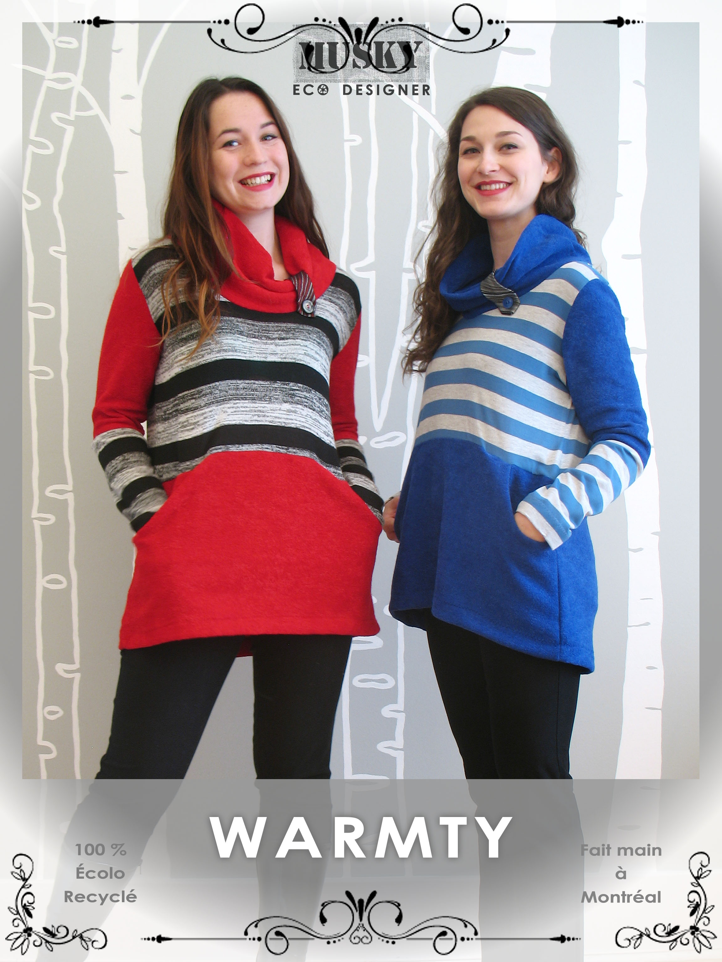 Musky Éco-Designer, collection hiver 2015. WARMTY – Chandail fait de chutes de tissus, cravate et boutonrecyclés / S – M – L - XL
